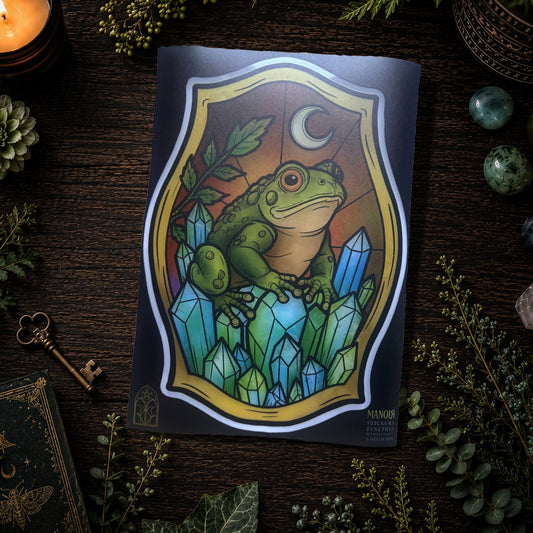 Crapaud d'émeraude. Sticker fenêtre vitrail. Crapaud lune et cristaux. Décoration repositionnable à découper