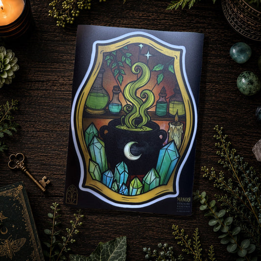 Potion d'émeraude. Sticker fenêtre vitrail. Chaudron magique et cristaux. Décoration repositionnable à découper